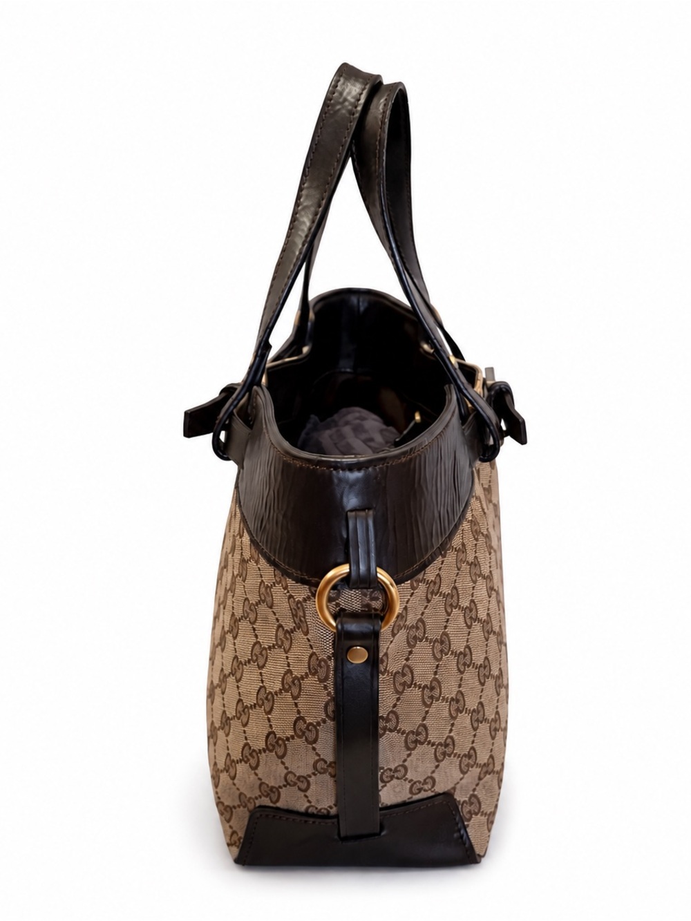 Gucci GG Canvas Leather Buckle Tote Bag Brown Monogram Large Shoulder Purse IT - Picture 5 of 16